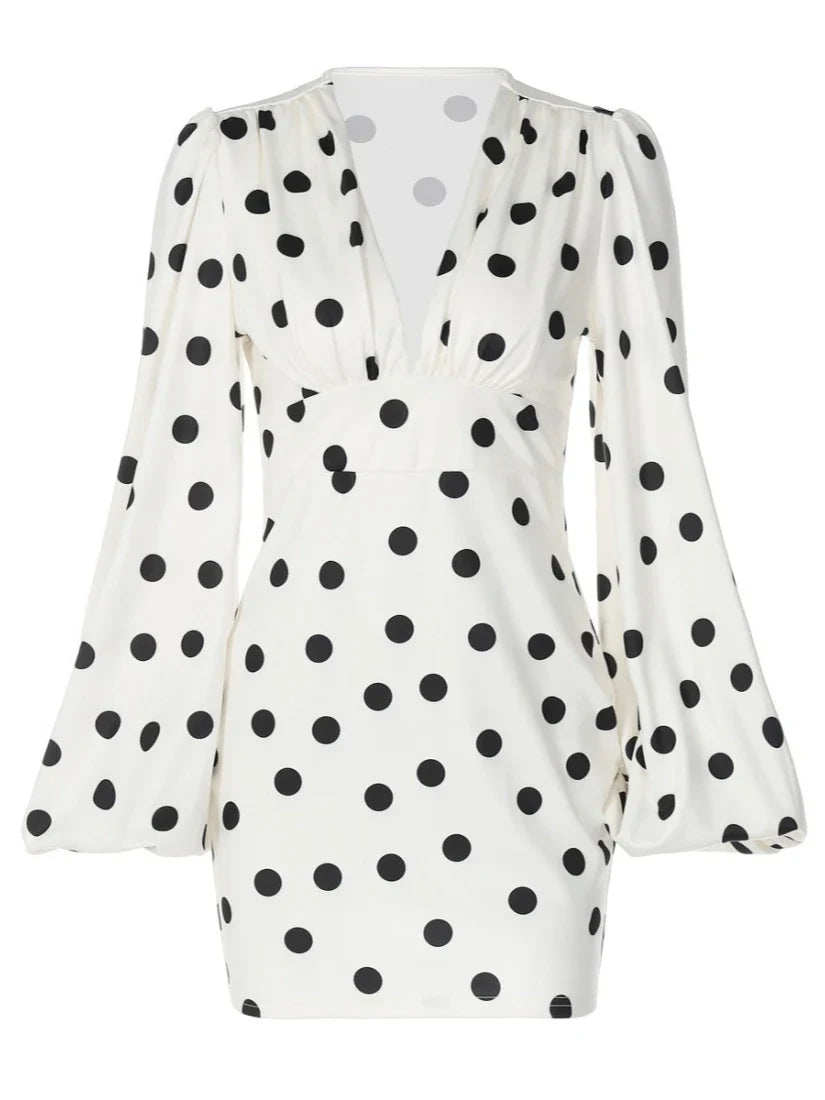 Spring Autumn Polka Dot Print Mini Dress Women Elegant Deep V Neck Flare Sleeve Slim High Waist A Line Short Party Dresses