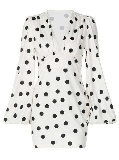 Spring Autumn Polka Dot Print Mini Dress Women Elegant Deep V Neck Flare Sleeve Slim High Waist A Line Short Party Dresses