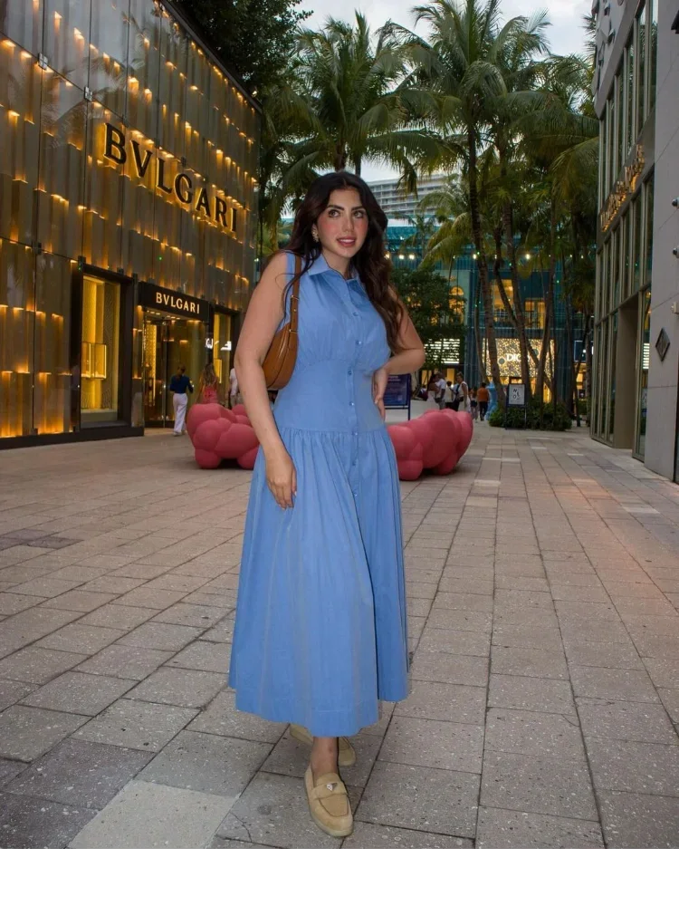 Casual Sleeveless Slim Women Long Dresses Fashion Bule Lapel Single Breasted Patchwork Pleated Dress Summer Lady Street Robes