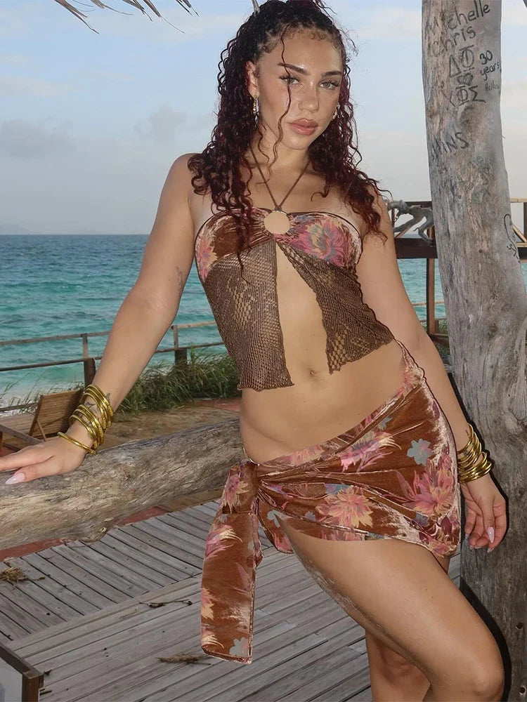 Vintage Patchwork Halter Split Crop Three Piece Swim Sets