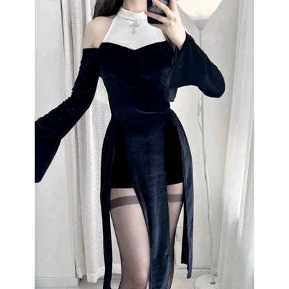 Y2k Gothic Black White Patchwork Dresses Subcultural Slim Waist Dark Dress for Women+ High Waist Shorts Two Piece Sets