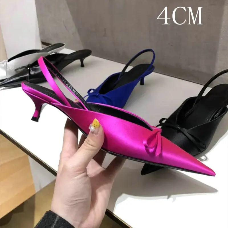 Super Hot Pointy Bow V-Top Skinny Heel Bun Towing Summer Muller Shoes Fashion Leather Low Heel Pumps
