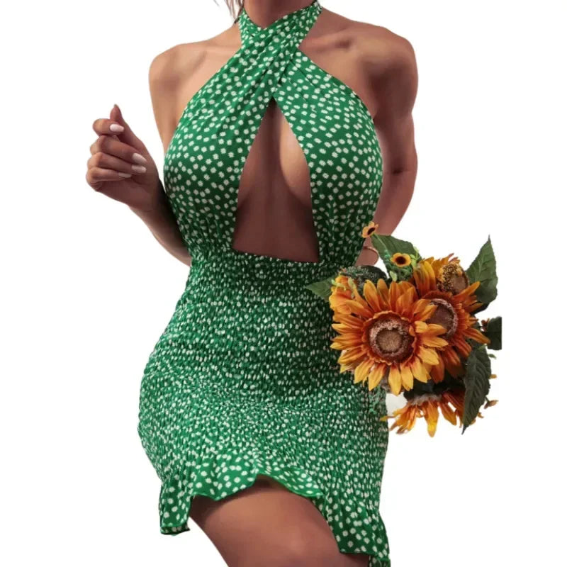 Women Close-fitting Backless Dress Sexy Floral Printed Pattern Halter Neck Hollow Out Short Dresses Summer Club Wear