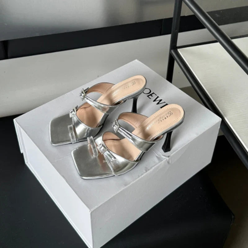 Fashion High Heels Modern Slippers Women Thin Heels Flip Flops Clip Toe Mules Slides Square Open Toe Party Dress Summer Shoes