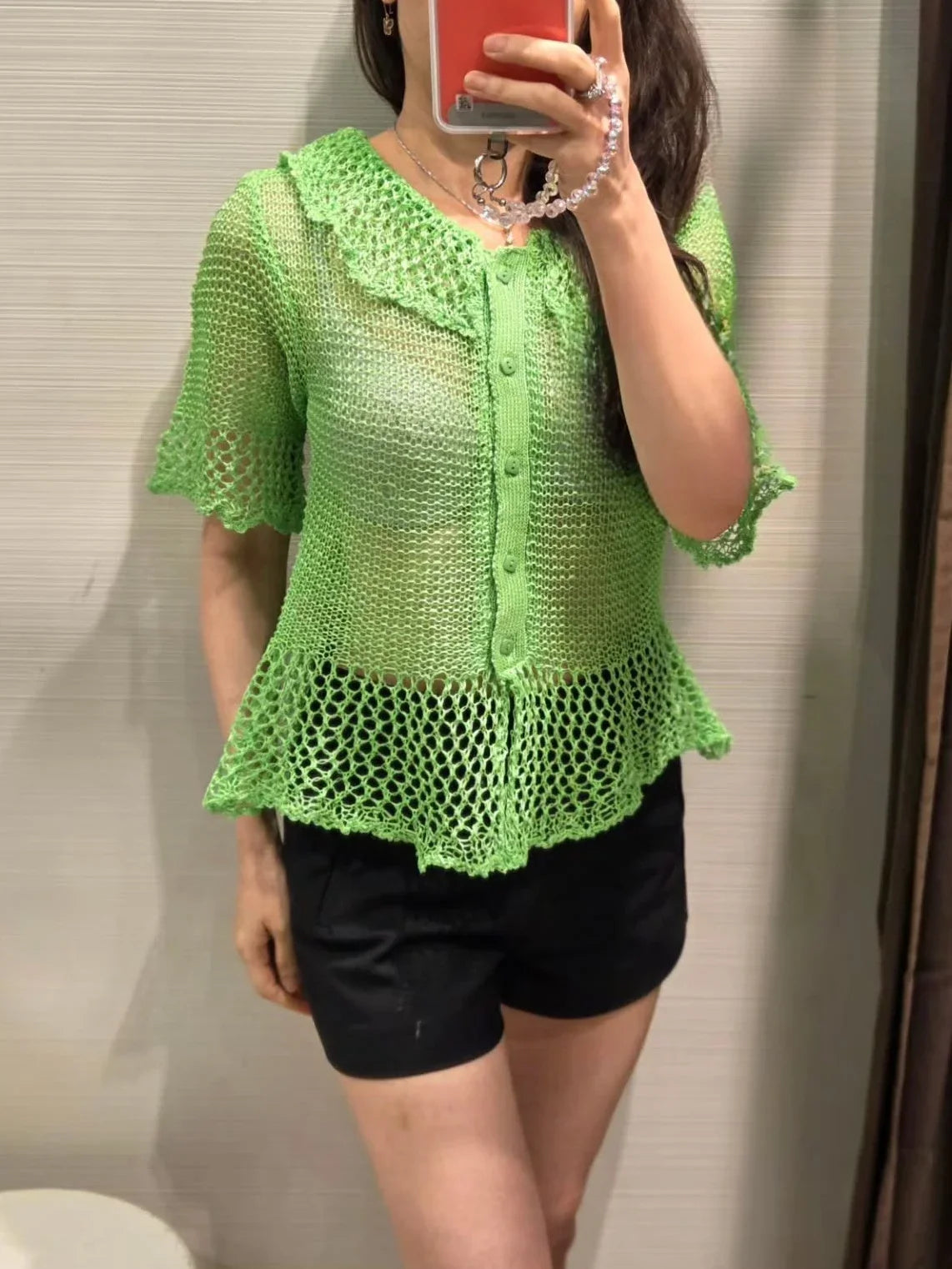 Summer new style women's fashion temperament lapel short sleeve hollow commuting knitted sweater jacket beach vacation