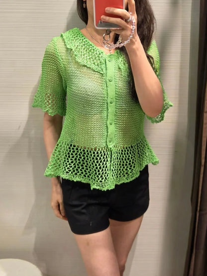 Summer new style women's fashion temperament lapel short sleeve hollow commuting knitted sweater jacket beach vacation