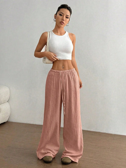 New Style Pure Cotton Fashion Casual Solid Color Loose Wide-Leg Floor-Length Trousers for Women