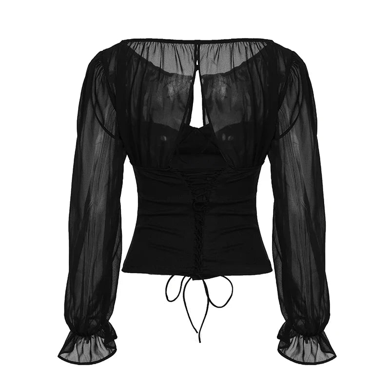 Mesh Patchwork Long Sleeve T-shirt Elegant Folds Milkmaid V-neck Top Sexy Corset Top French Style Skinny Clothing Fall