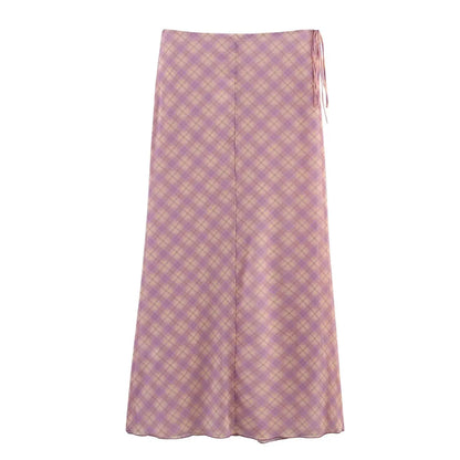 Plaid Retro Sweet Summer Outfits Chic Flare Sleeve Cardigan Top + High Waist Long Skirts 2 Piece Set Pink Y2K Women Set