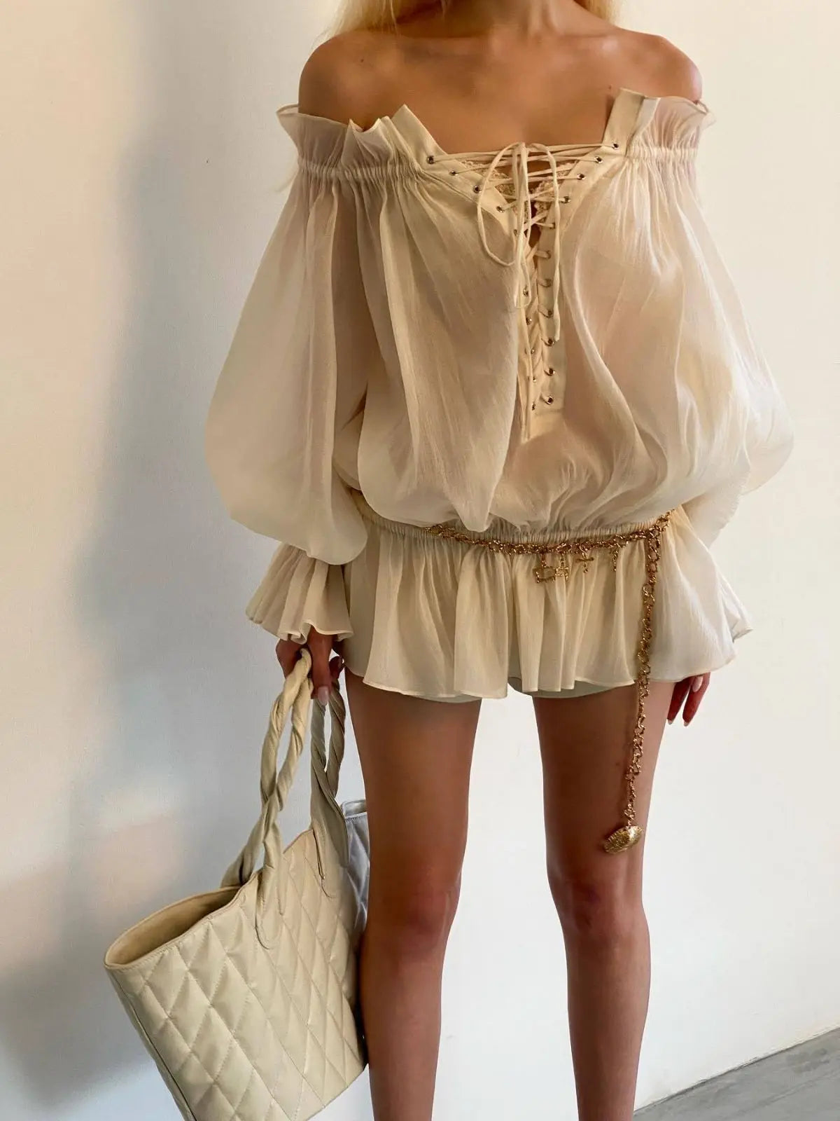 Boho Inspired off shoulder long sleeve blouse women ruffled neckline tie up front sexy women tops new summer tops women clothing
