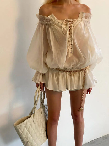 Boho Inspired off shoulder long sleeve blouse women ruffled neckline tie up front sexy women tops new summer tops women clothing