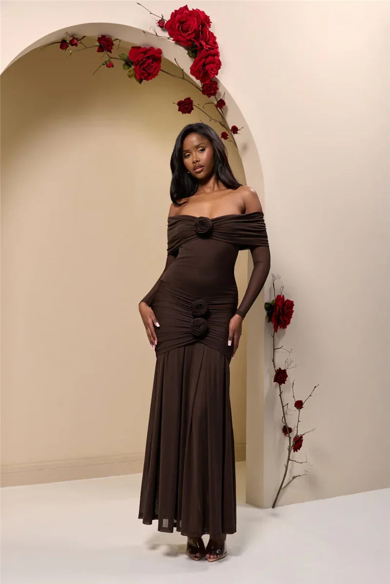 Off Shoulder Mesh Sleeve Ruched Rosette Applique Mermaid Maxi Dress