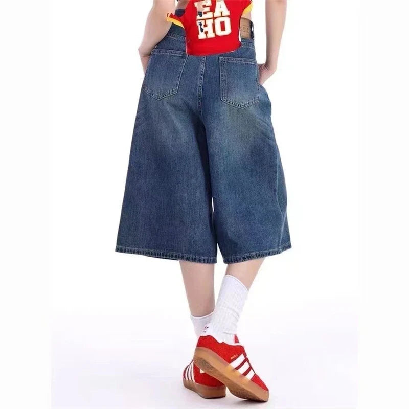 Women's Summer Wide-leg Blue Denim Capris Street New Baggy Straight Calf-length Jeans Female High Waisted Short Trousers