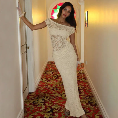 Off Shoulder Floral Lace Asymmetric Neckline Bodycon Maxi Dress