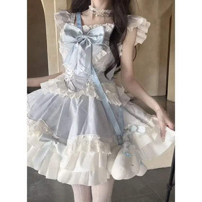 Lolita's cute and girlish design, with a ruffled bow and color-blocking lace puffy skirt