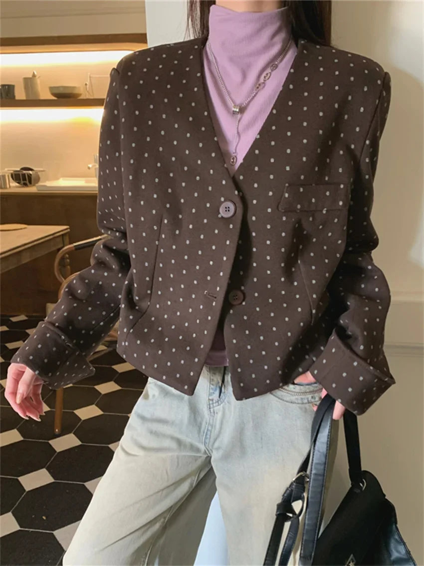 Office Lady Coats New Woolen Chic Elegant Women Autumn Polka Dots Slim High Street Casual Work Wear V-Neck