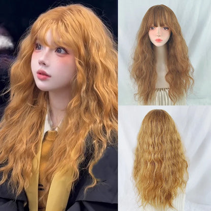 Blonde Synthetic Long Wave Wig with Bangs Fluffy Lolita Cosplay Women Heat Resistant Wig for Daily Party
