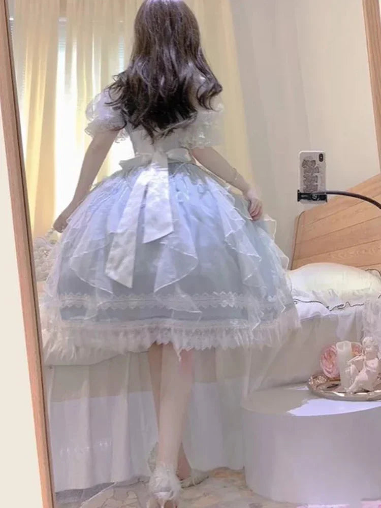 Light Blue Lolita Off-shoulder Neck Lace-up Dress Flower Wedding Elegant Gorgeous High Waist Short Sleeve Princess Dresses