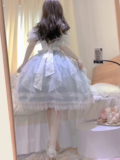 Light Blue Lolita Off-shoulder Neck Lace-up Dress Flower Wedding Elegant Gorgeous High Waist Short Sleeve Princess Dresses