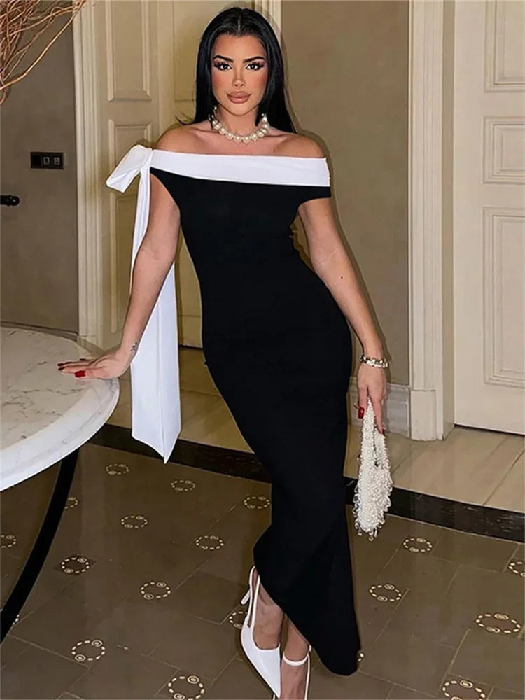 Off Shoulder Contrast Bow Shoulder Ribbon Bodycon Maxi Dress