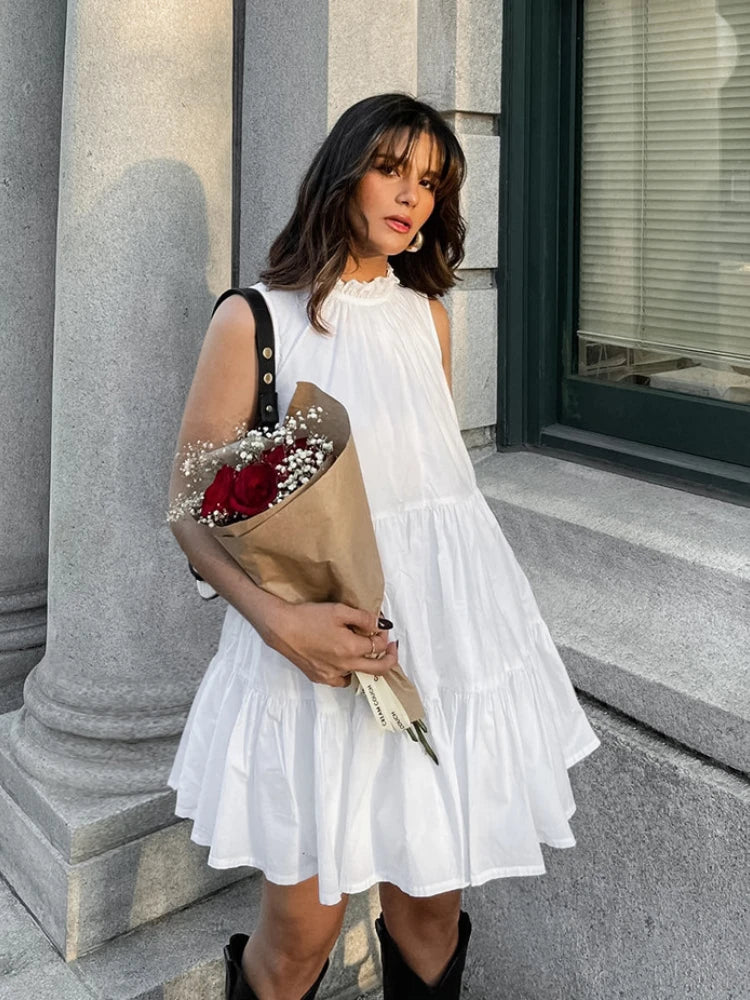 Summer Cotton A-line Loose Ruffles White Dress Women Casual O-neck Lace-up Sleeveless Mini Dress Female Holiday Party Dress 2025