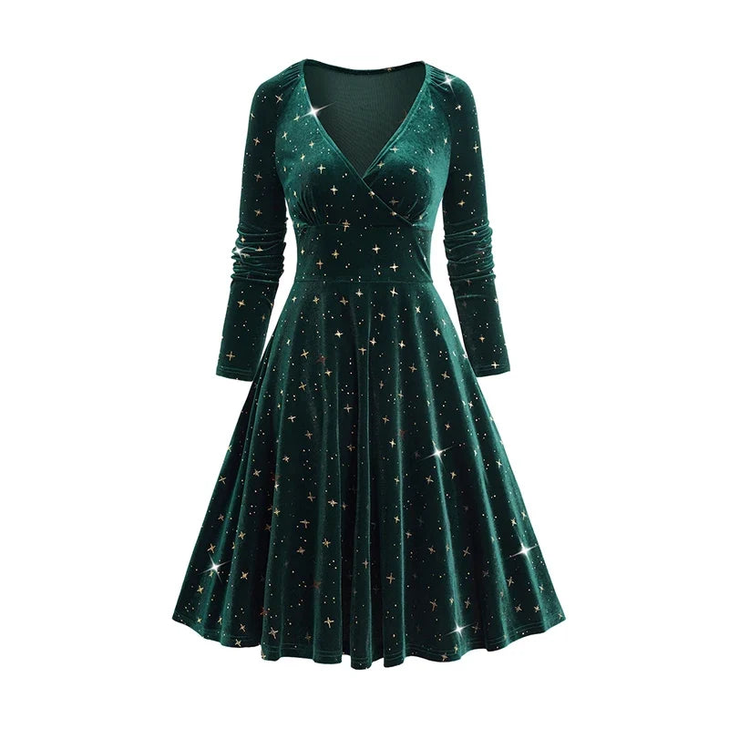 Womens Fall Winter Dresses Embellished Star Print Wrap Front Elastic Shoulder Velvet Long Sleeve Dress New Green Dresses
