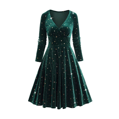 Womens Fall Winter Dresses Embellished Star Print Wrap Front Elastic Shoulder Velvet Long Sleeve Dress New Green Dresses