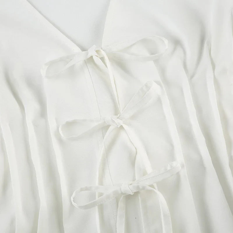 Spring Summer French Style V-Neck Pleated Blouse With Waist Tie Lightweight Solid Color Cardigan Top Casual Office Wear