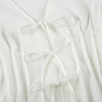 Spring Summer French Style V-Neck Pleated Blouse With Waist Tie Lightweight Solid Color Cardigan Top Casual Office Wear