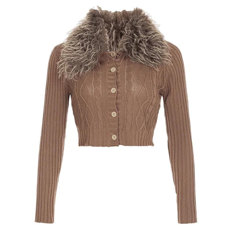 Y2K Brown Buttons Crop Sweater with Detachable Fur Collar Autumn Vintage 2000s Knitted Cardigan Slim Winter Outfits