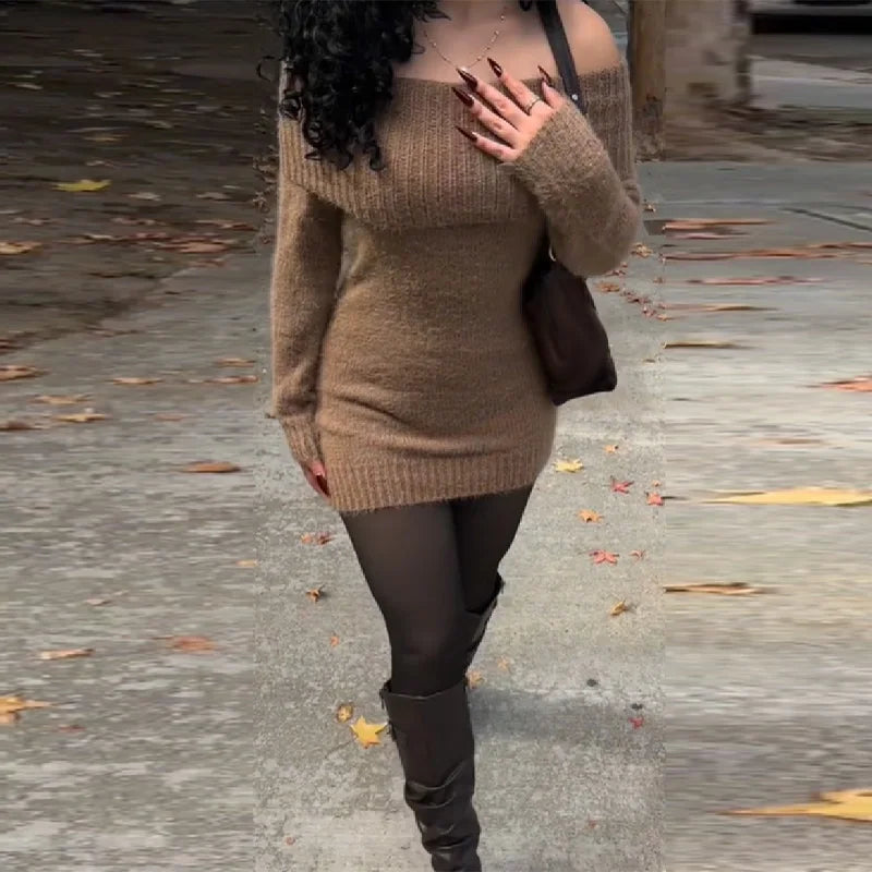 Women's Sexy Off-the-shoulder Bodycon Sweater Trendy Retro Stylish Outfit Office Ladies Party Elegant Temperament Autumn Clothes