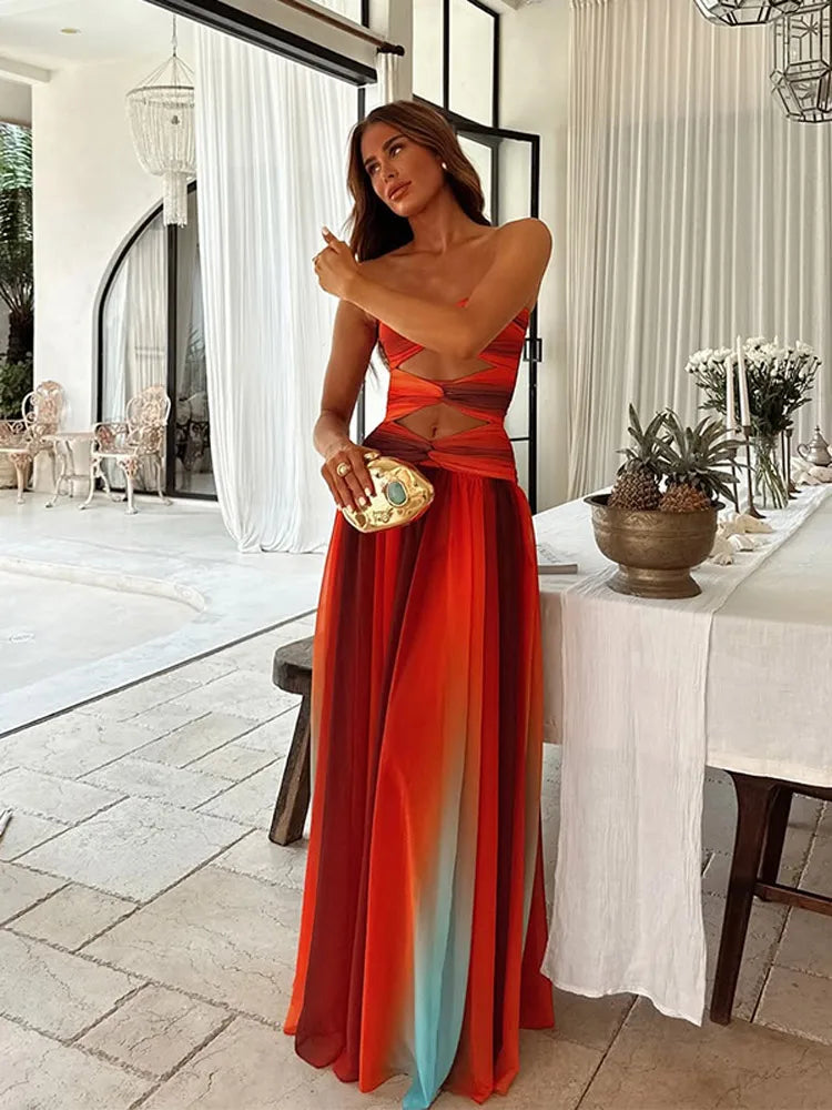 Strapless Twisted Bodice Diamond Cutout Layered Tulle Maxi Dress