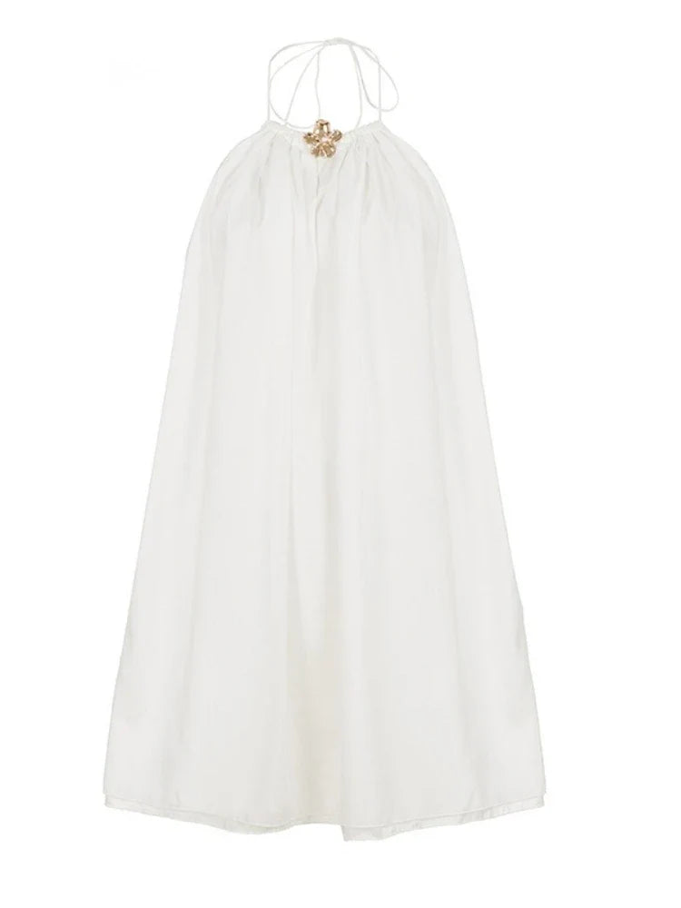 Sexy Beach Party Chiffon Dress Women Elegant White 3d Floral Metal Halter Sleeveless Backless A Line Short Summer Dress