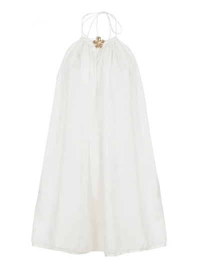 Sexy Beach Party Chiffon Dress Women Elegant White 3d Floral Metal Halter Sleeveless Backless A Line Short Summer Dress