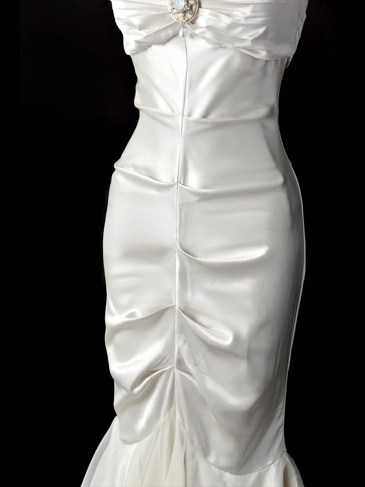 Satin White Evening Dress Wrap Hips Backless Strapless Sleeveless Fishtail Pleats Sweetheart Neck Birthday Party Prom Gown