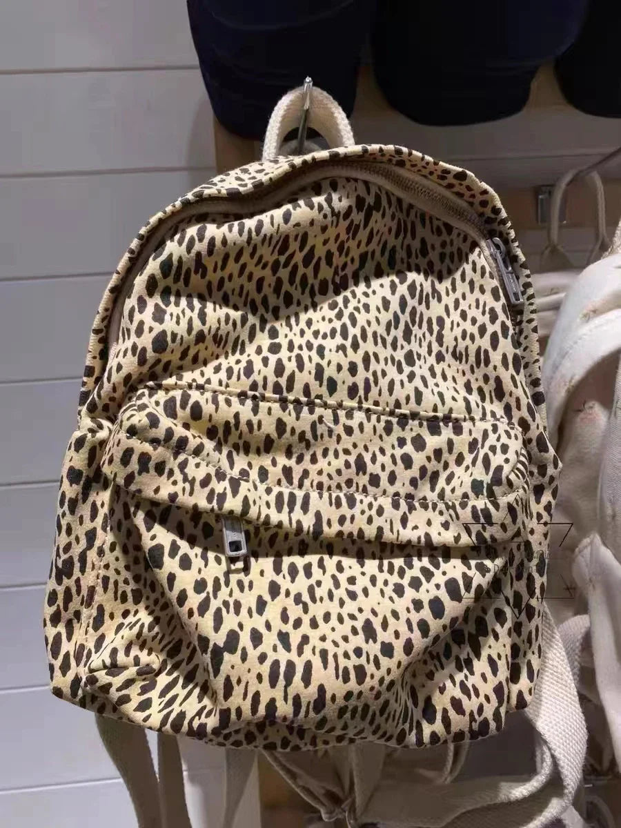 Leopard Print Floral Backpack Women College Style Zipper Student Backpack Computer Bag Girls Sweet Vintage Chic Shoulder Bag Y2K