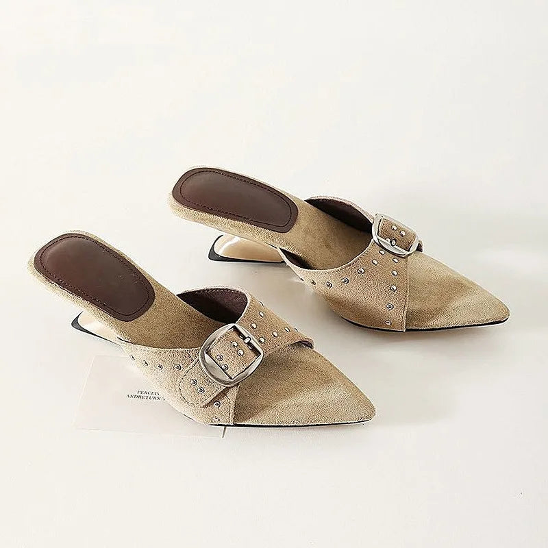 Retro Rivet Women's Pumps and Heels French Pointed Toe Strap Summer Luxury Women's Sandals Fashion Open-toed Wedge Shoe