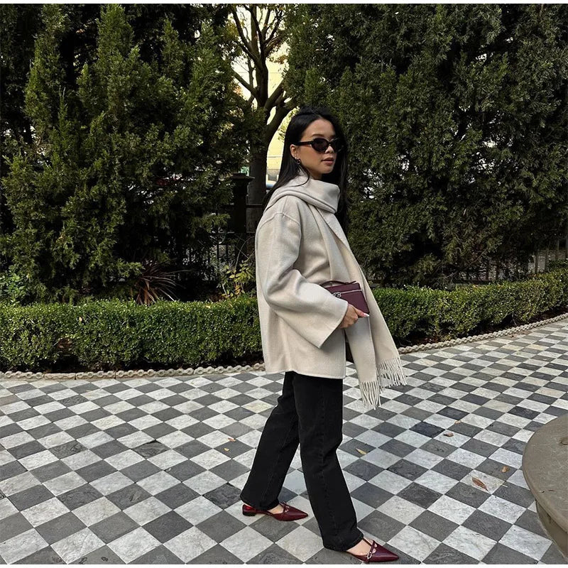 Elegant Single Breasted Towel Collar Jacket Women 2025 Fashion White Coat Loose Fit Office Lady Autumn Casual Commute Outerwear