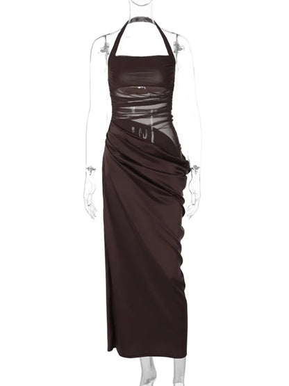 Halter Mesh Ruched Midriff Wrap Panel Bodycon Maxi Gown