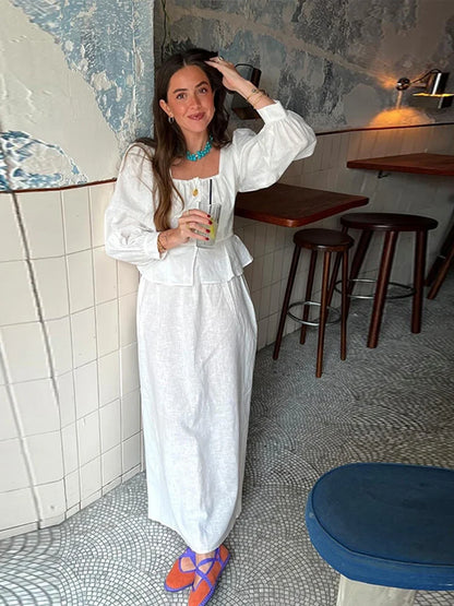 Skirts Set for Women 2 Pieces Lantern Sleeve Blouse Skirt Suit White Square Collar Button Shirts Long Skirts 2024 Summer Outfit