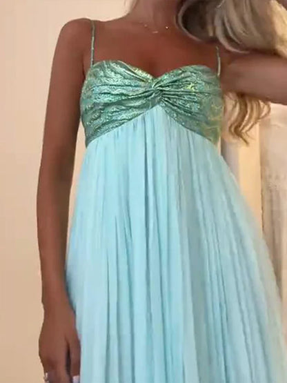 Sexy Pleated Patchwork Sling Long Dress Women Sleeveless Backless A-line Holiday Maxi Dresses 2025 Summer Lady Beach Party Robes