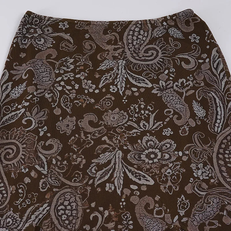 Women's Vintage Brown Floral Print Maxi Skirt New Spring Summer Retro Style A Line Long Skirt Casual Boho Outfit No Belt
