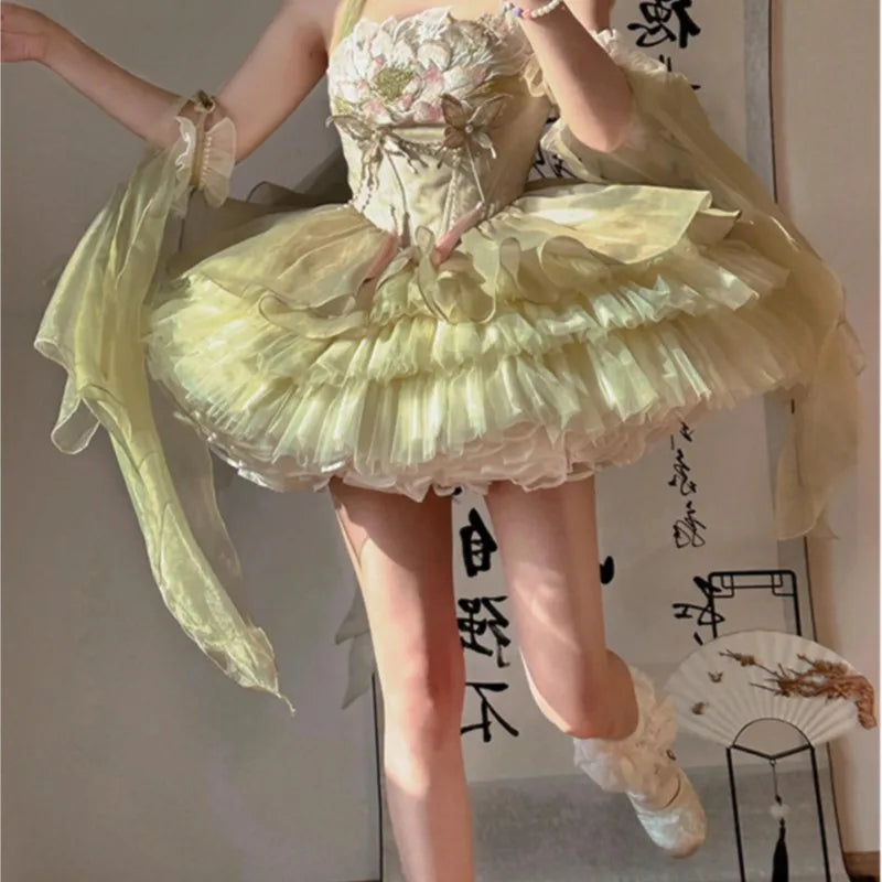 Green ballet style embroidery national light luxury sweet dress
