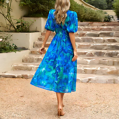 Abstract Floral Print Puff Sleeve Surplice V-Neck Cinched Waist Midi Dress
