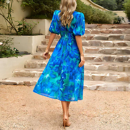 Abstract Floral Print Puff Sleeve Surplice V-Neck Cinched Waist Midi Dress