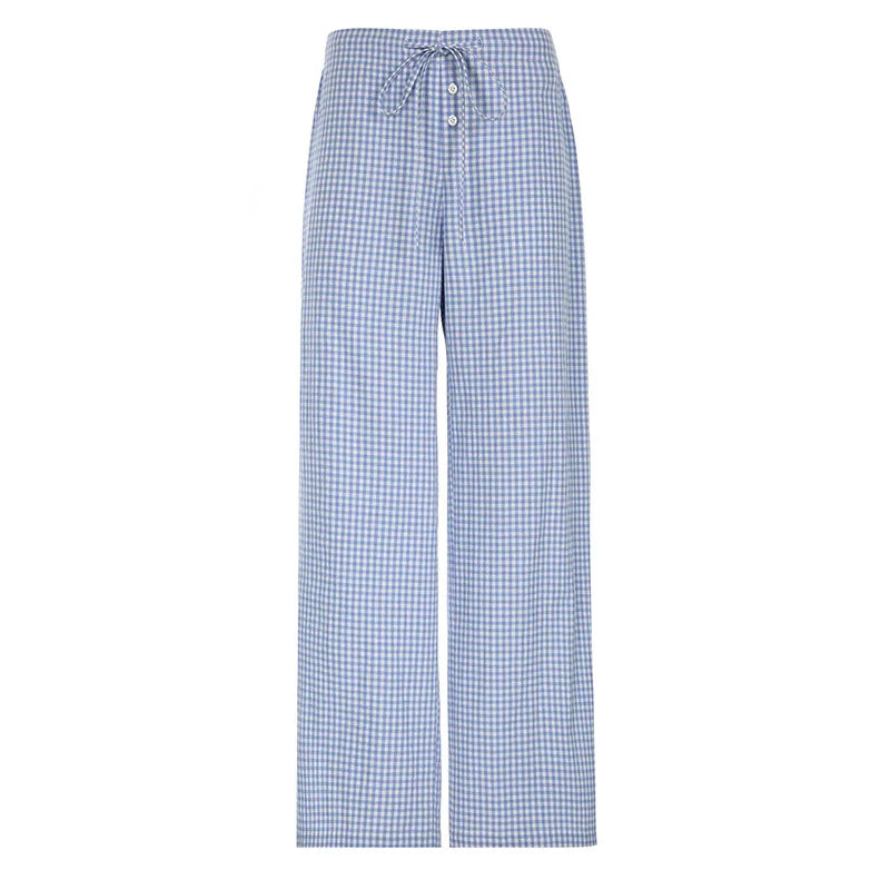 Checkered Loose Casual Long Pants For Women's Fashion Lace Up Button Versatile Low Rise Trousers Lounwear Y2K Outerwear