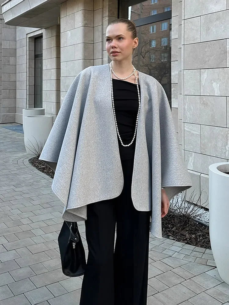 Elegant Women's Woolen Cloak Coats V-neck Lace-up Long Overcoats Loose Belt Autumn Jacket 2025 Buttonless Streetwear Outerwears