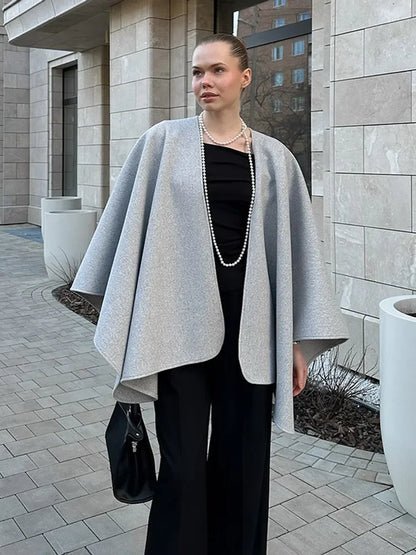 Elegant Women's Woolen Cloak Coats V-neck Lace-up Long Overcoats Loose Belt Autumn Jacket 2025 Buttonless Streetwear Outerwears