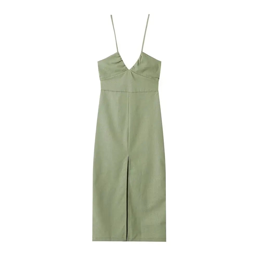 V-neck Green Slip Sexy Backless Dress For Summer Slim Slit Vacation Beach Long Dress Cotton Linen Blend Woman Clothing