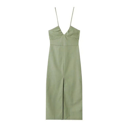 V-neck Green Slip Sexy Backless Dress For Summer Slim Slit Vacation Beach Long Dress Cotton Linen Blend Woman Clothing